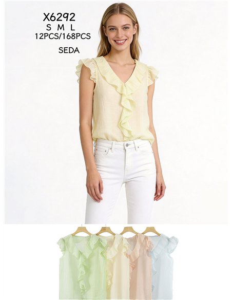 Blusa efecto seda sin mangas con volante