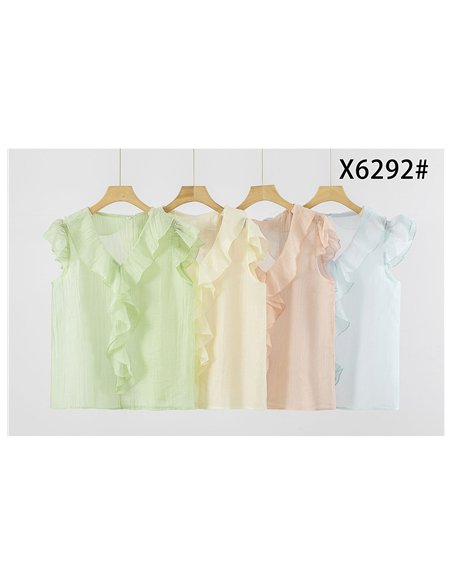 Blusa efecto seda sin mangas con volante