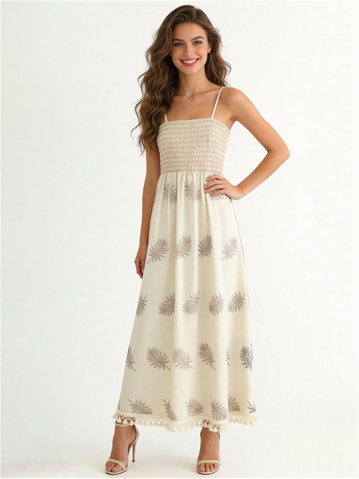 Vestido boho largo de lino con hojas bordadas