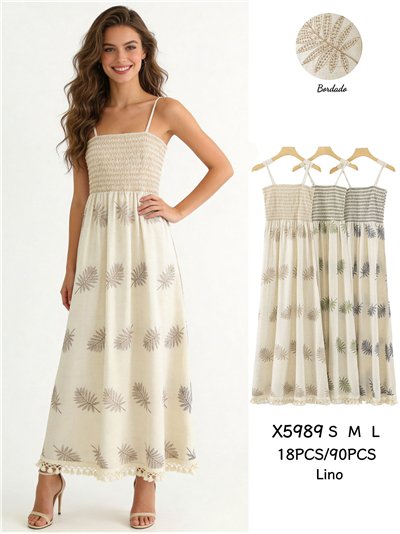 Vestido boho largo de lino con hojas bordadas 2