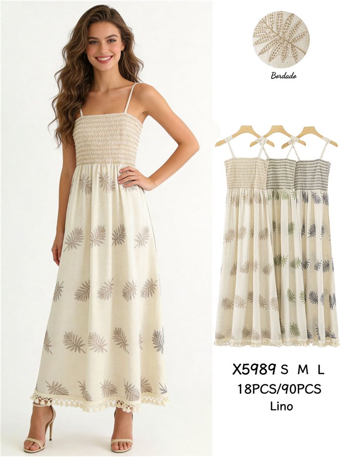 Vestido boho largo de lino con hojas bordadas