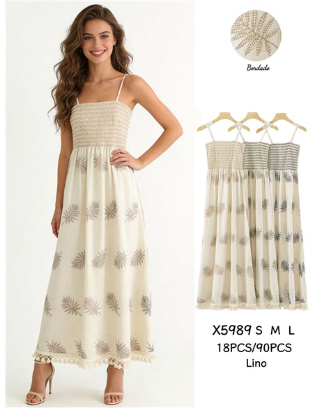 Vestido boho largo de lino con hojas bordadas