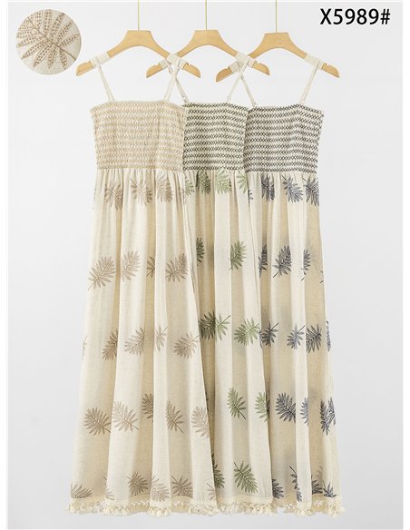 Vestido boho largo de lino con hojas bordadas