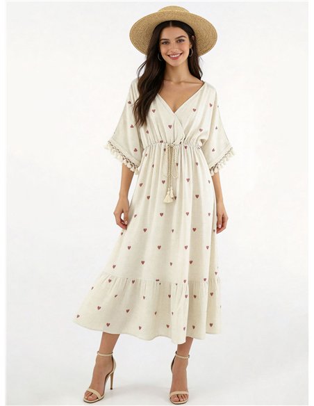 Vestido midi cruzado de lino con corazones bordados