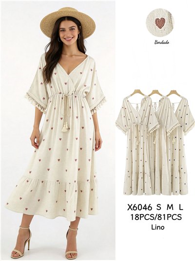 Vestido midi cruzado de lino con corazones bordados 2