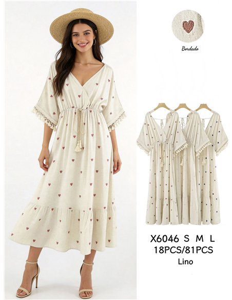 Vestido midi cruzado de lino con corazones bordados