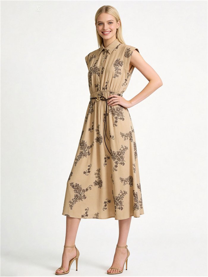 Robe chemise midi à fleurs avec ceinture