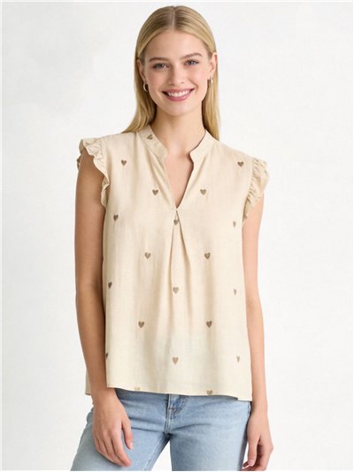 Chemisier en lin orné de cœurs brodés et de manches à volants