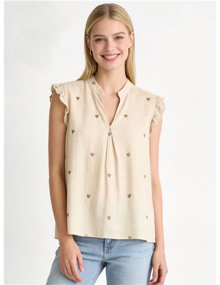 Chemisier en lin orné de cœurs brodés et de manches à volants
