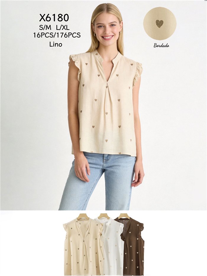 Chemisier en lin orné de cœurs brodés et de manches à volants