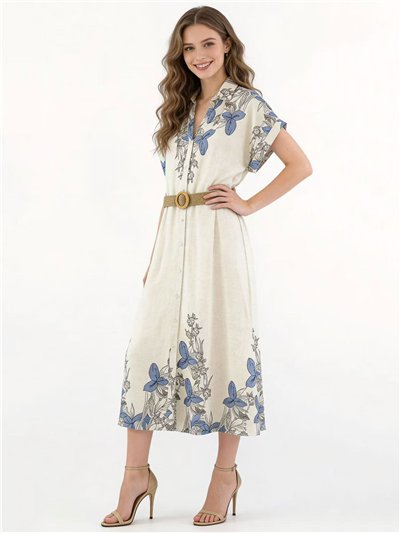Robe chemise midi à fleurs avec ceinture