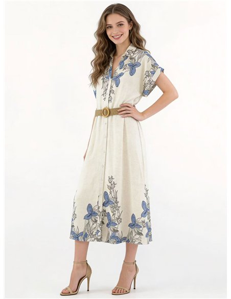 Vestido midi floral estilo camisa com cinto.