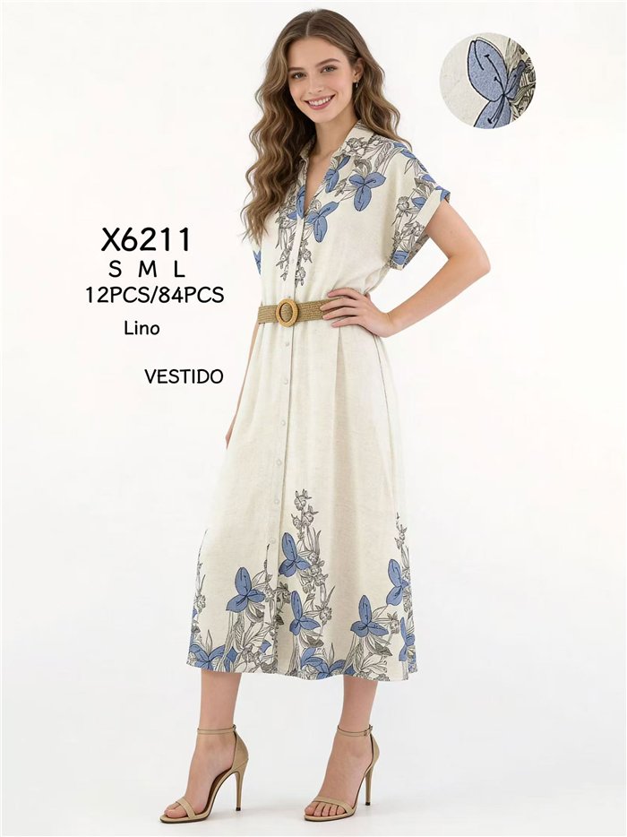 Vestido midi floral estilo camisa com cinto.