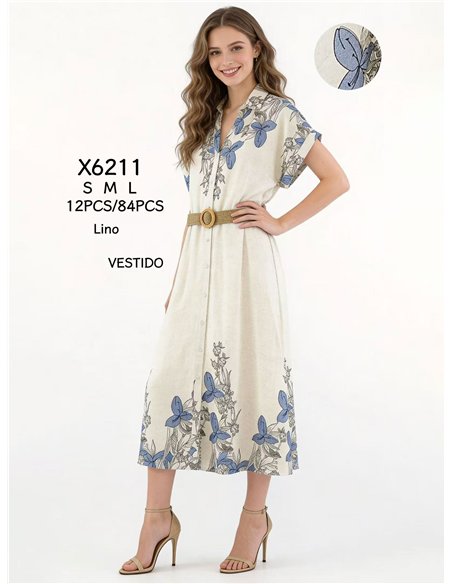 Vestido midi floral estilo camisa com cinto.