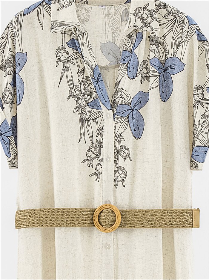 Vestido midi floral estilo camisa com cinto.