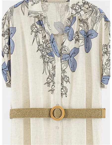 Vestido midi floral estilo camisa com cinto.