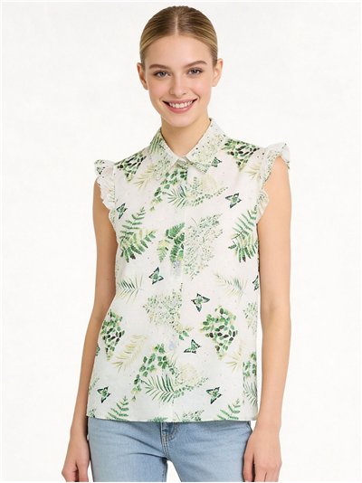 Camisa tropical detalle calados con manga volante