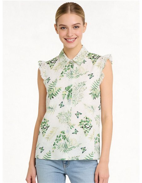 Camisa tropical detalle calados con manga volante