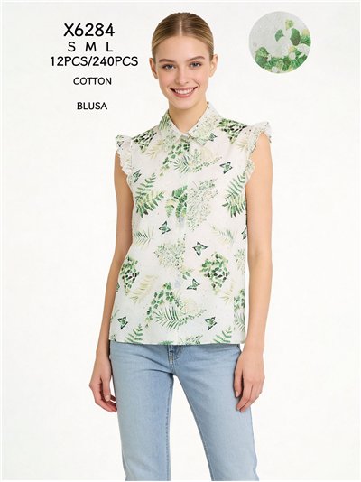 Camisa tropical detalle calados con manga volante 2