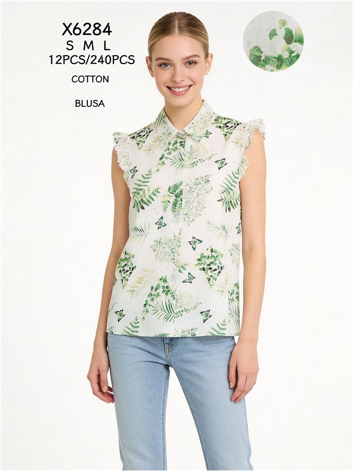 Camisa tropical detalle calados con manga volante