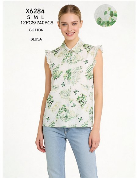 Camisa tropical detalle calados con manga volante