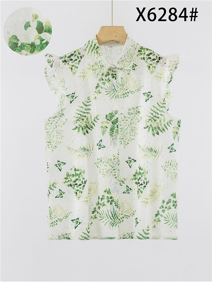 Camisa tropical detalle calados con manga volante