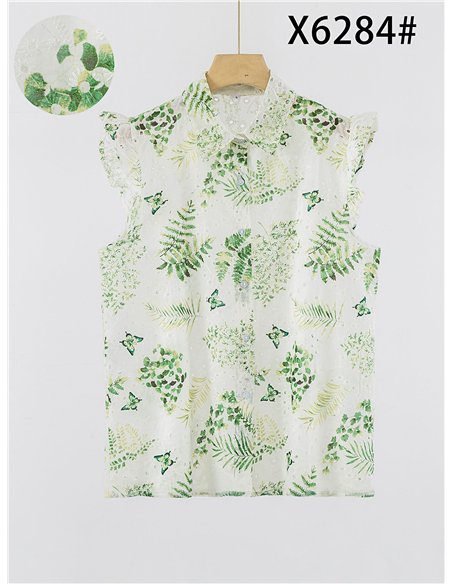 Camisa tropical detalle calados con manga volante