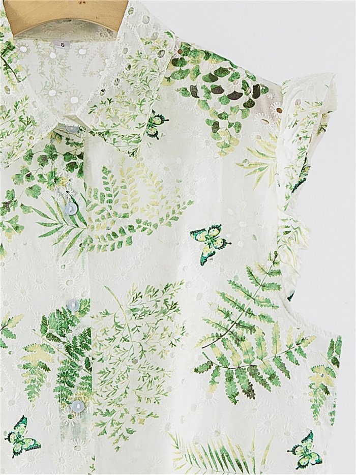 Camisa tropical detalle calados con manga volante