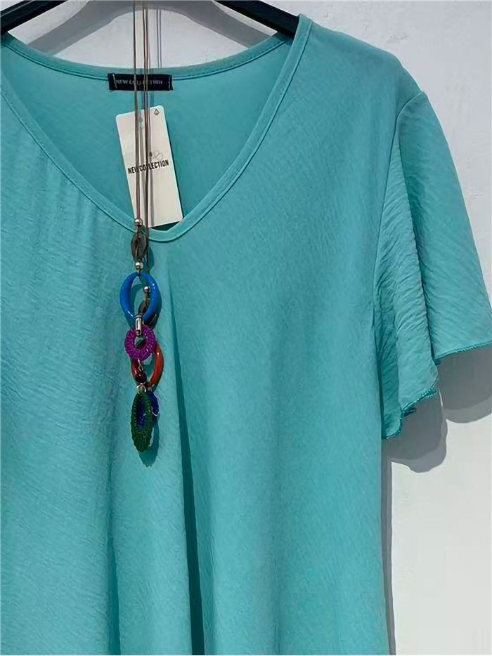 Vestido midi fluido escote en v con collar