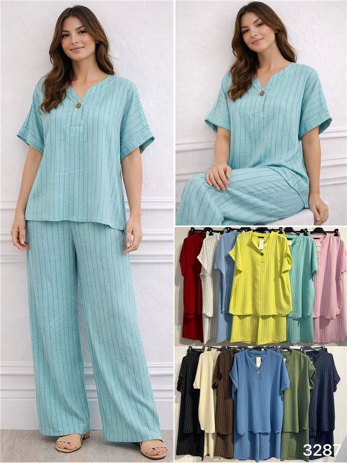 Gestreiftes, fließendes Blusen- und Hosen-Set in Übergröße