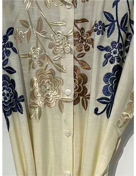 Abito a camicia con ricami floreali e cintura