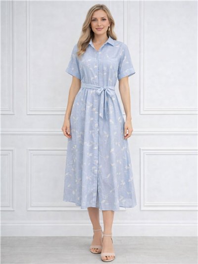 Gestreiftes Hemdkleid mit gestickten Blättern und Tasche