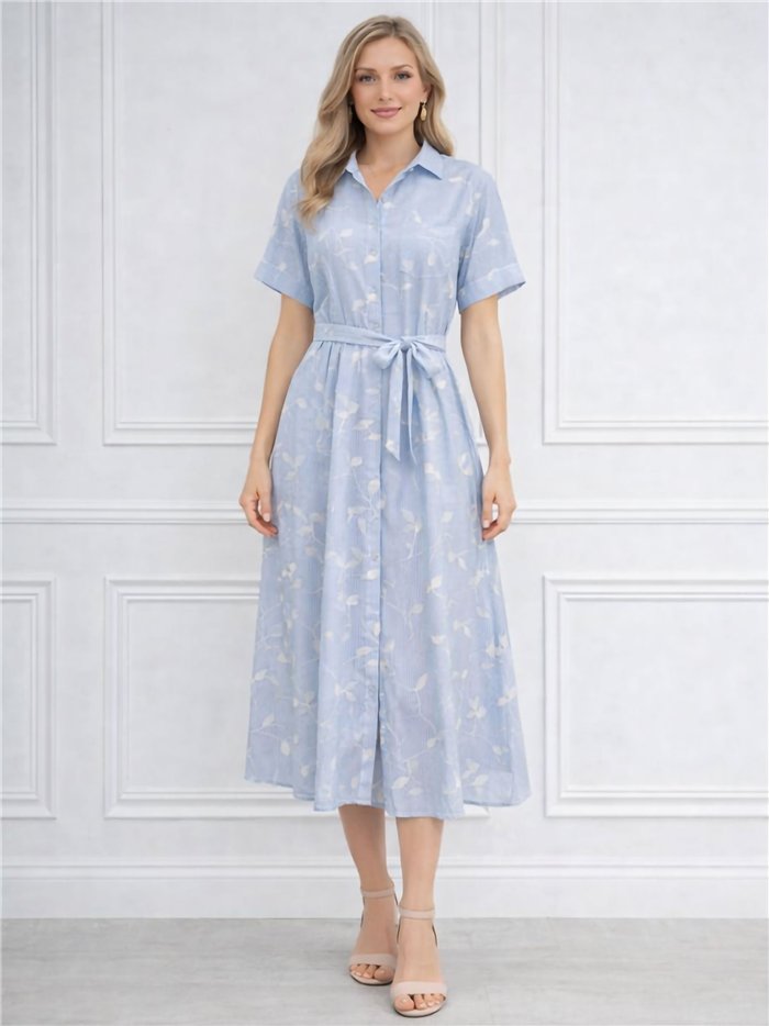 Vestido camisero rayas bordado hojas con bolsillo