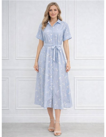 Vestido camisero rayas bordado hojas con bolsillo