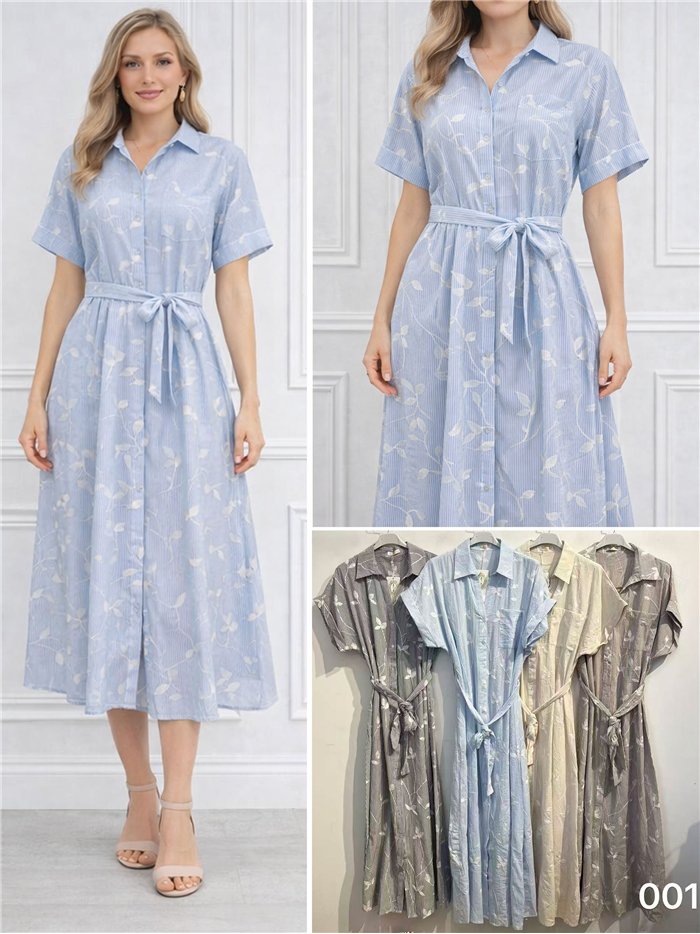 Vestido camisero rayas bordado hojas con bolsillo