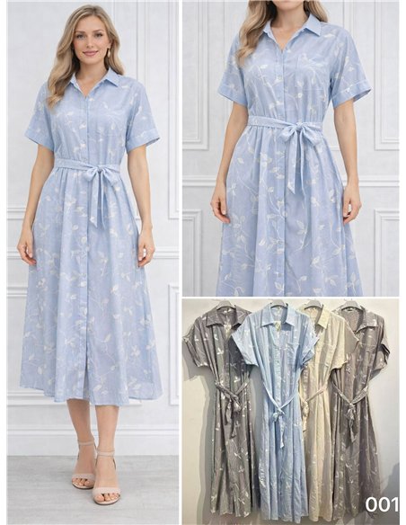 Vestido camisero rayas bordado hojas con bolsillo