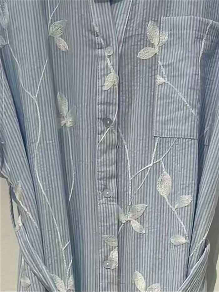 Vestido camisero rayas bordado hojas con bolsillo