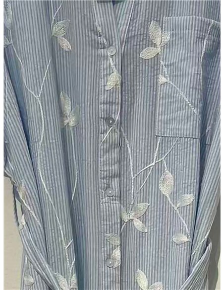 Vestido camisero rayas bordado hojas con bolsillo