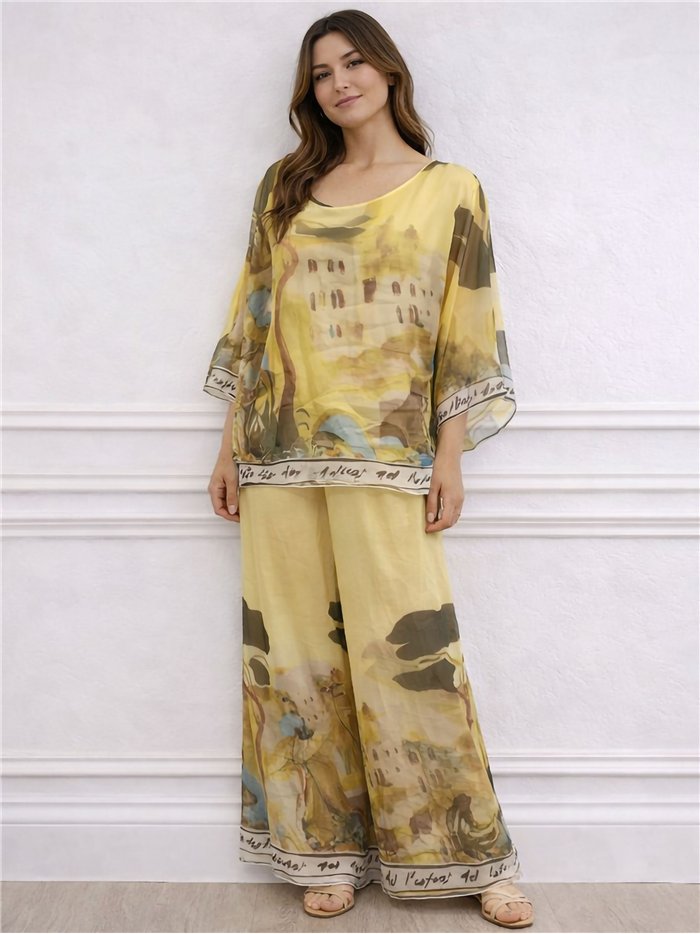 Ensemble blouse longue en mousseline à imprimé paysage et pantalon