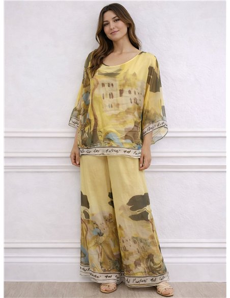 Ensemble blouse longue en mousseline à imprimé paysage et pantalon