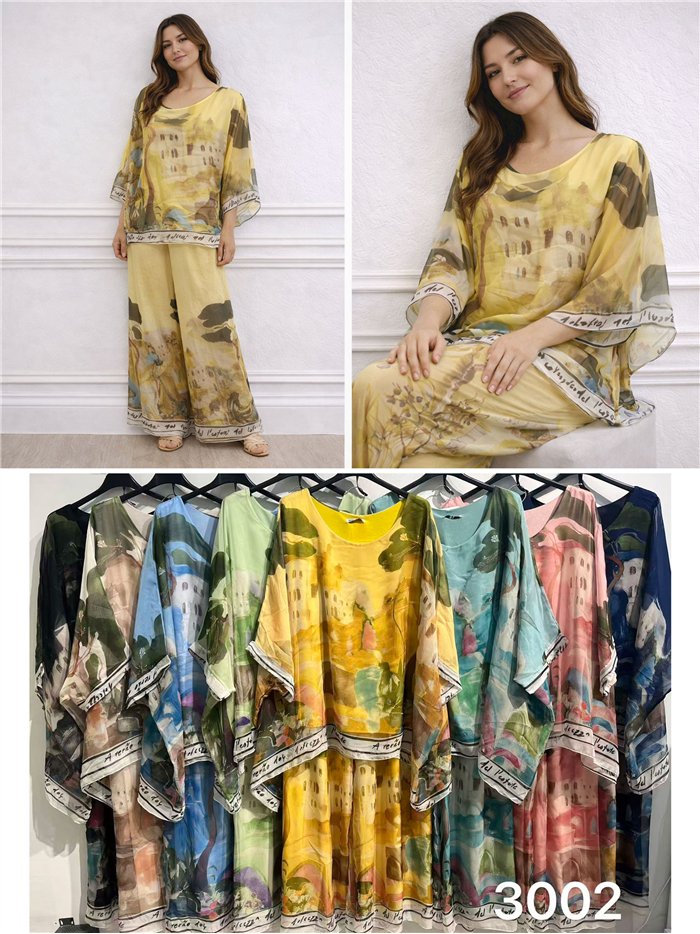 Ensemble blouse longue en mousseline à imprimé paysage et pantalon