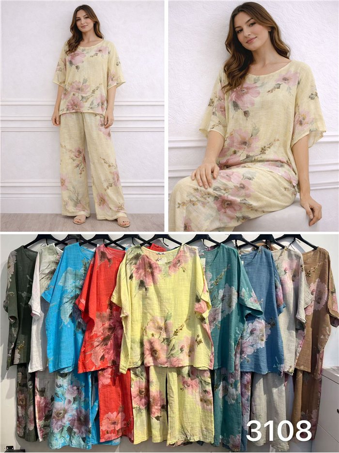 Completo composto da blusa e pantaloni effetto lino con stampa floreale.