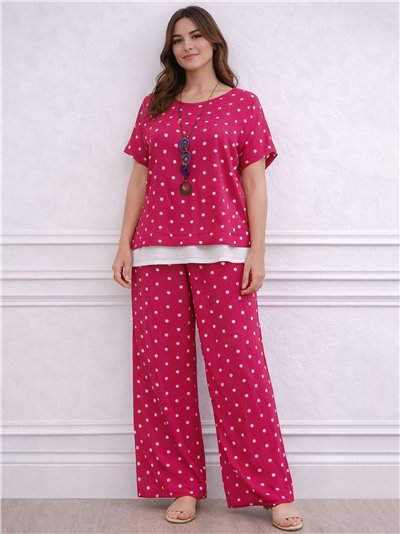 Conjunto blusa amplia lunares con collar y pantalón