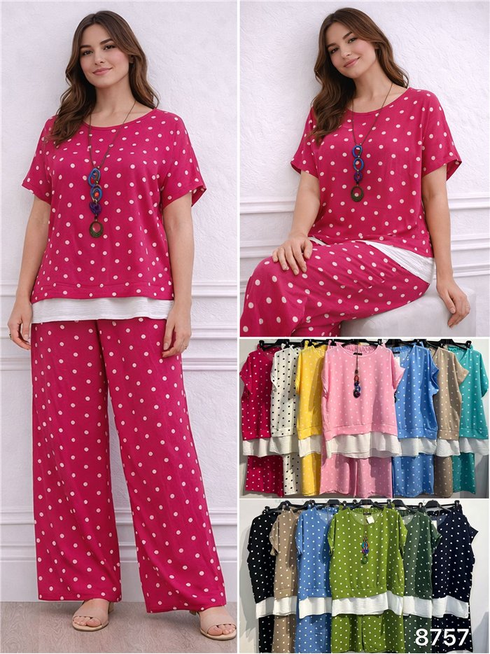 Conjunto blusa amplia lunares con collar y pantalón