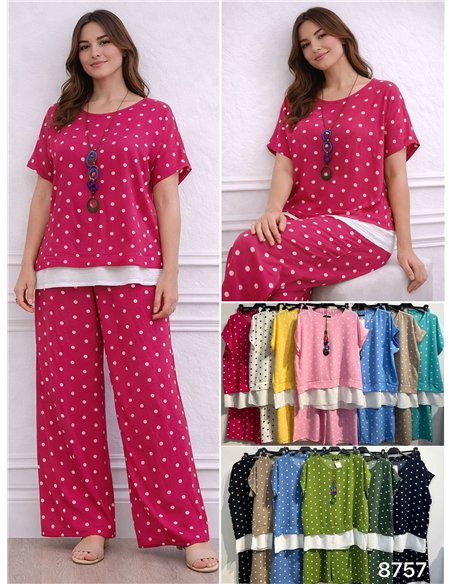 Conjunto blusa amplia lunares con collar y pantalón
