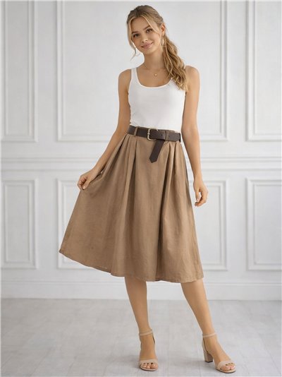Falda midi lisa algodón con cinturón