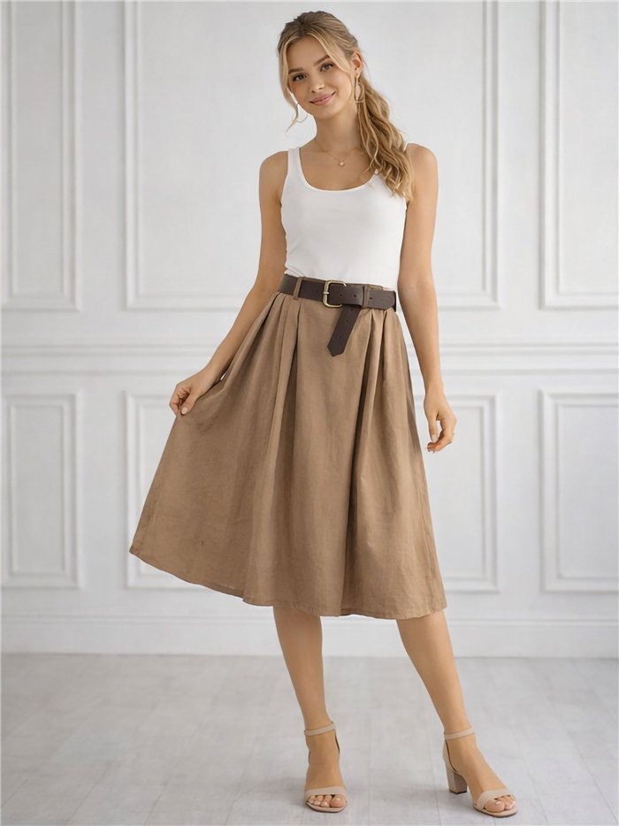 Falda midi lisa algodón con cinturón