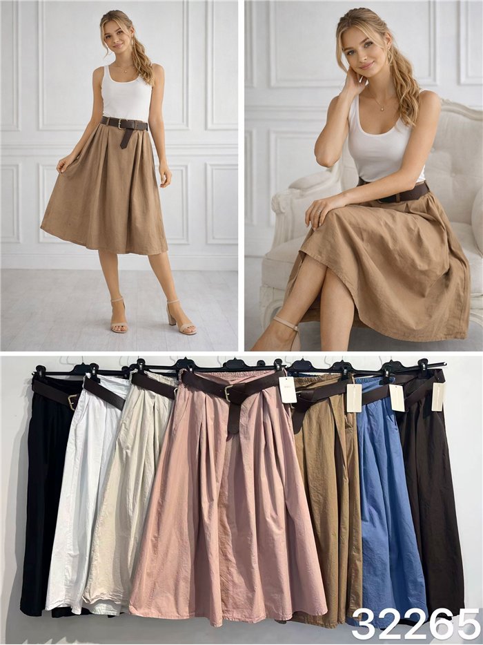 Falda midi lisa algodón con cinturón