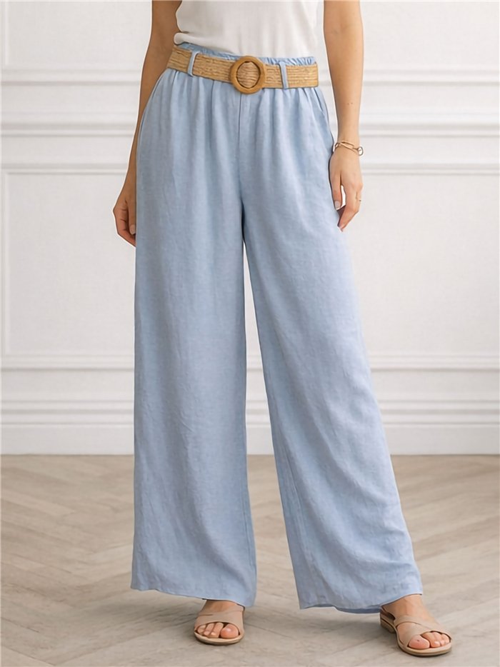 Pantaloni palazzo con cintura in rafia