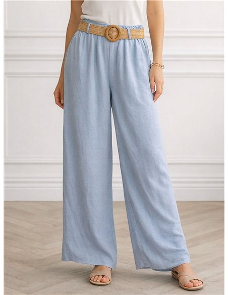 Pantaloni palazzo con cintura in rafia